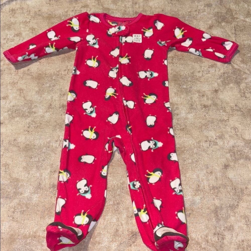 Pink Penguin Print Baby Footie Pjs